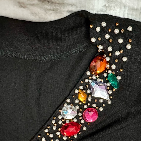 Vintage 80s Bejeweled Black V Neck Tunic Top Dress Le Maglie Di Nives One Size - Picture 6 of 9